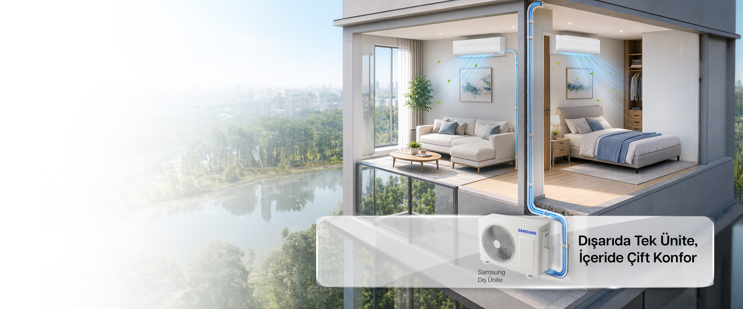 Tek Samsung dış üniteye bağlı salon, yatak odası ve çalışma odasındaki klimalar
